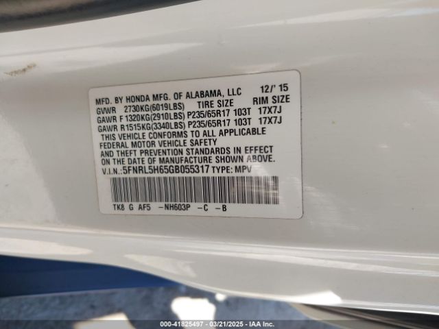 5FNRL5H65GB055317 Honda Odyssey Ex-l
