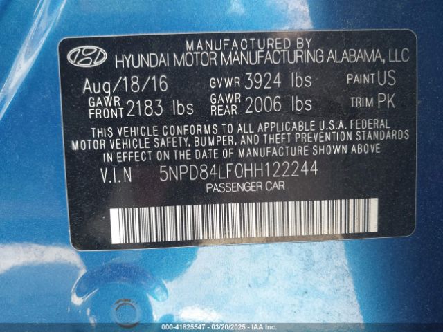 5NPD84LF0HH122244 Hyundai ELANTRA SE