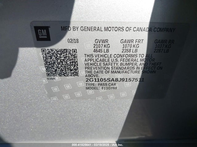 Chevrolet IMPALA 1LT 2018 2G1105SA8J9157511 Image 9