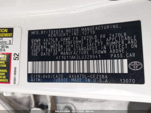4T1G11AK2LU329941 Toyota CAMRY SE