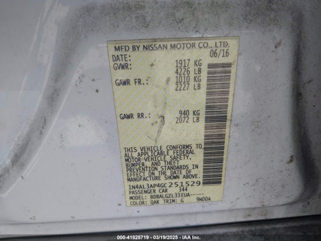1N4AL3AP4GC251529 Nissan Altima 2.5/2.5 S/2.5 Sl/2.5 Sr/2.5 Sv