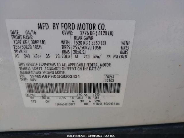 2016 FORD EXPLORER 1FM5K8FH0GGD02431 Photo 8