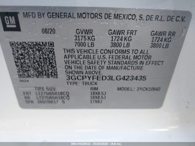 3GCPYFED3LG423435 Chevrolet Silverado 1500 4wd  Short Bed Lt Trail Boss