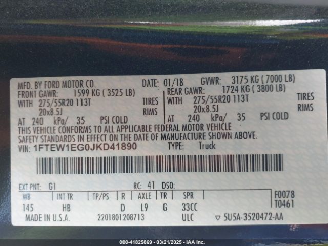 1FTEW1EG0JKD41890 Ford F-150 Lariat