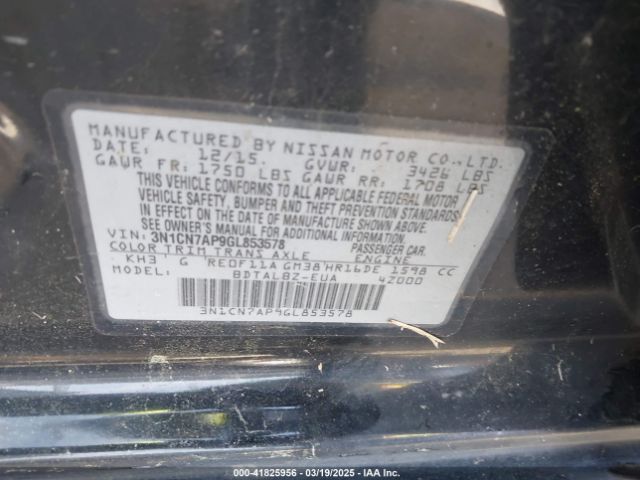 3N1CN7AP9GL853578 Nissan Versa 1.6 Sv