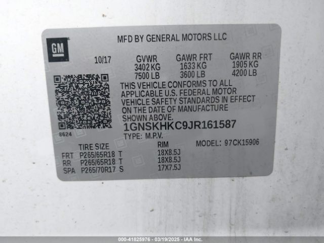 1GNSKHKC9JR161587 Chevrolet Suburban Lt