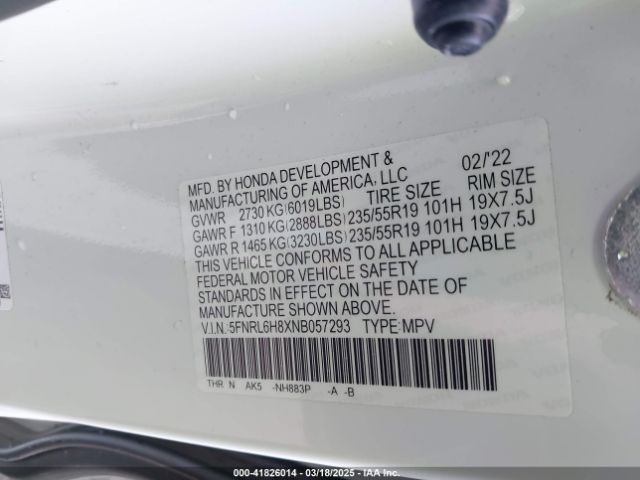 5FNRL6H8XNB057293 Honda Odyssey Touring