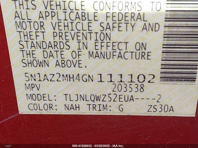 5N1AZ2MH4GN111102 Nissan MURANO SV