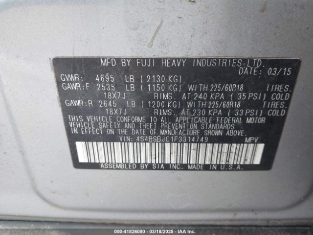 4S4BSBJC1F3314749 Subaru Outback 2.5i Limited