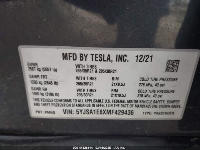 2021 TESLA MODEL S 5YJSA1E6XMF429436 Photo 8