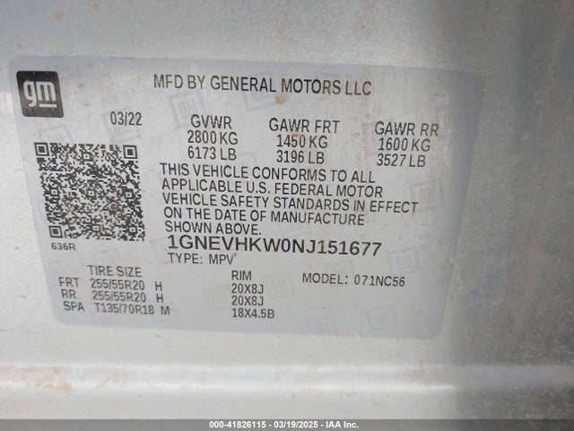1GNEVHKW0NJ151677 Chevrolet Traverse Awd Lt Leather