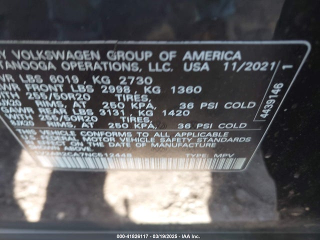 41826117 :رقم المزاد ، 1V2AR2CA7NC512448 vin ، 2022 Volkswagen Atlas 3.6l V6 Sel R-line مزاد بيع