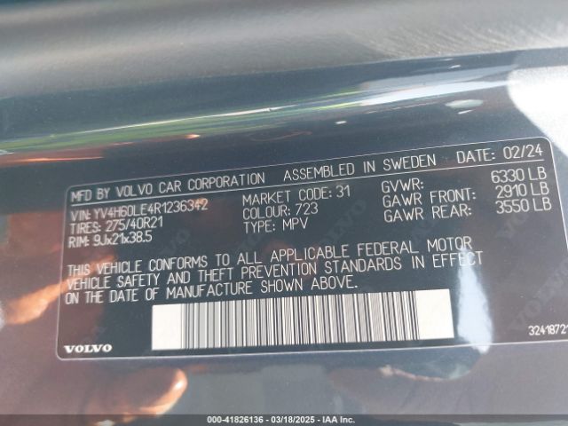 YV4H60LE4R1236342 Volvo Xc90 Recharge Plug-in Hybrid T8 Plus 6-seater