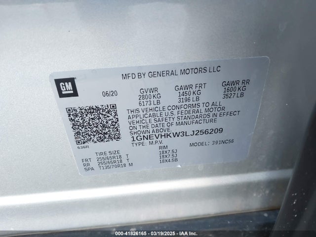 1GNEVHKW3LJ256209 Chevrolet Traverse Awd Lt Leather