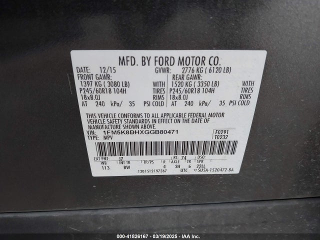 1FM5K8DHXGGB80471 Ford EXPLORER XLT
