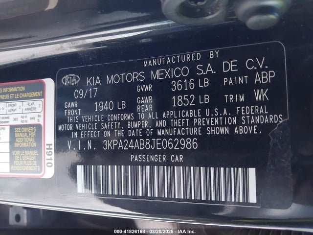 3KPA24AB8JE062986 KIA RIO LX