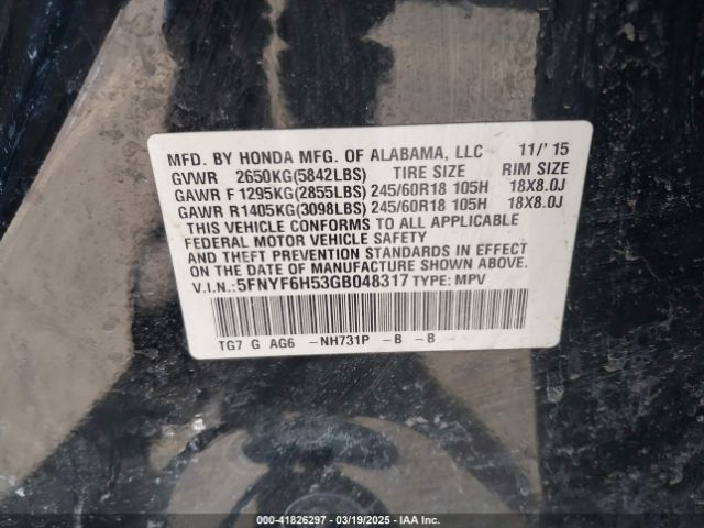 5FNYF6H53GB048317 Honda Pilot Ex-l