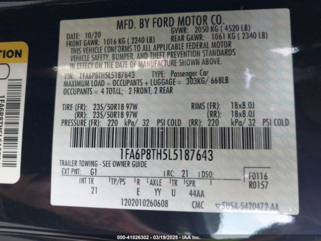 1FA6P8TH5L5187643 Ford Mustang Ecoboost Fastback
