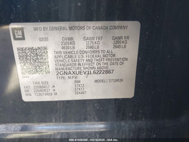 2GNAXUEV1L6222867 Chevrolet Equinox Awd Lt 1.5l Turbo