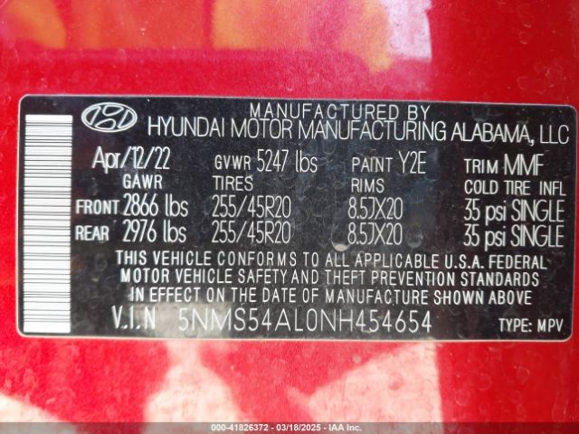 5NMS54AL0NH454654 Hyundai Santa Fe Calligraphy
