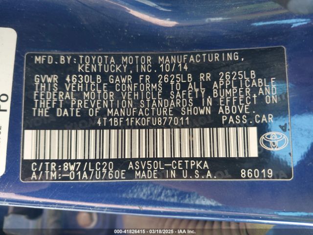4T1BF1FK0FU877011 Toyota CAMRY XSE