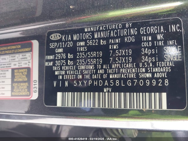 5XYPHDA58LG709928 KIA Sorento 3.3l Ex