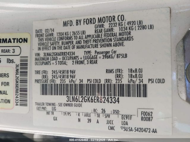 3LN6L2GK6ER824334 Lincoln MKZ