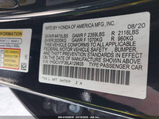 1HGCV1F36LA129835 Honda Accord Sport