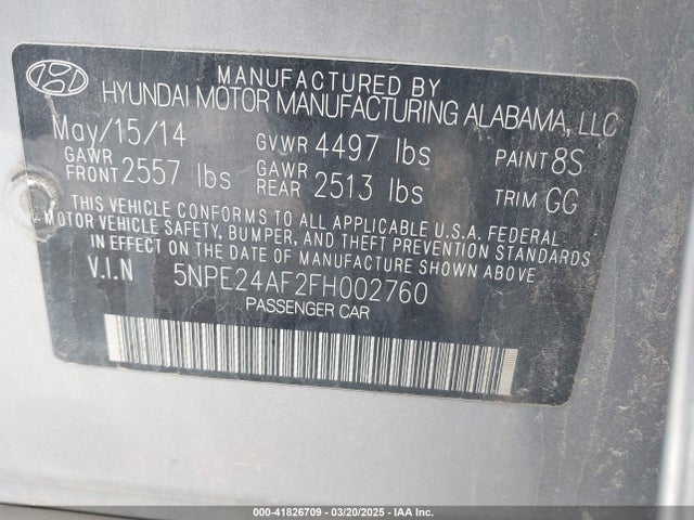 5NPE24AF2FH002760 Hyundai SONATA SE