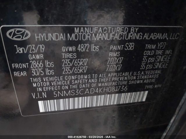 5NMS3CAD4KH081736 Hyundai Santa Fe Sel