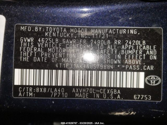 4T1F31AK4NU579884 Toyota Camry Xle Hybrid