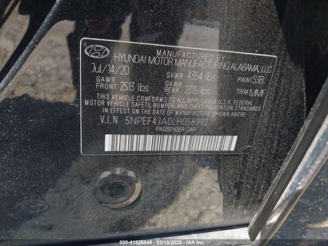 5NPEF4JA0LH058992 Hyundai SONATA SEL