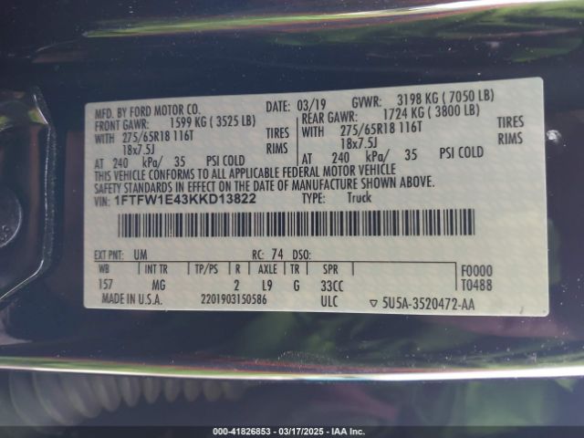 1FTFW1E43KKD13822 Ford F-150 Xlt