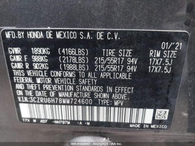 3CZRU6H78MM724600 Honda Hr-v Awd Ex-l
