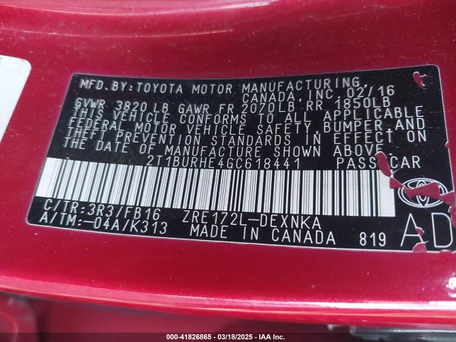 2T1BURHE4GC618441 Toyota COROLLA LE