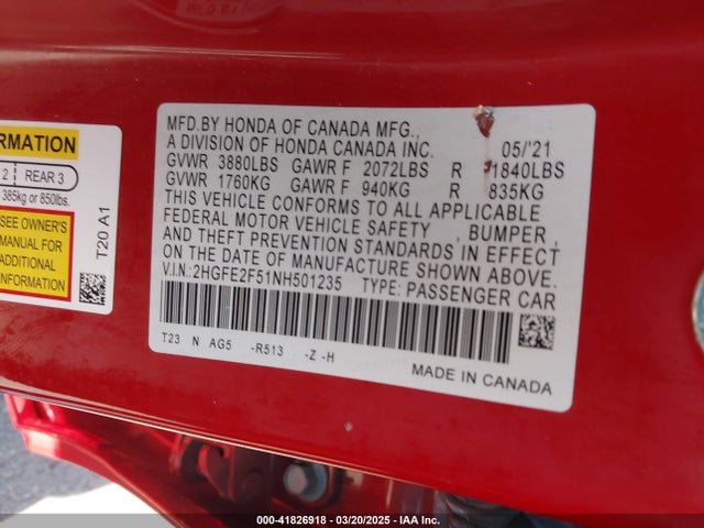 2HGFE2F51NH501235 Honda Civic Sport