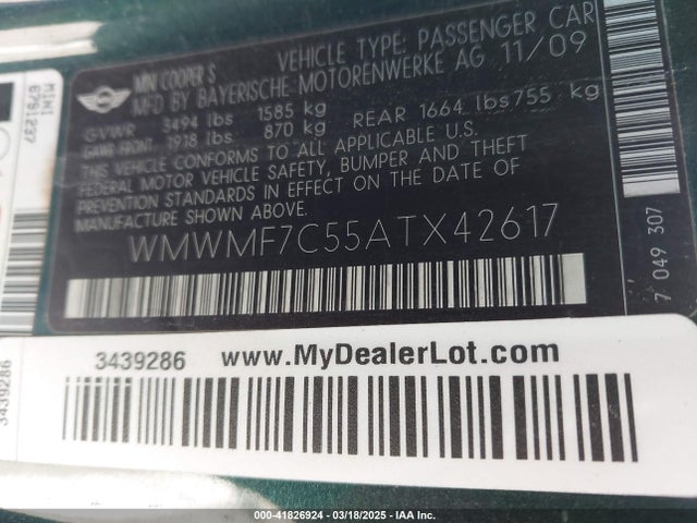2010 MINI COOPER S WMWMF7C55ATX42617 Photo 8
