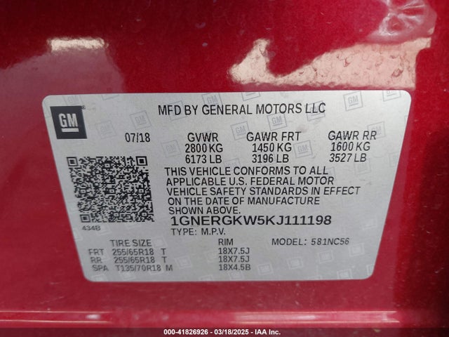 1GNERGKW5KJ111198 Chevrolet Traverse 1lt