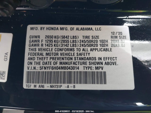 Honda Pilot Awd Elite 2021 5FNYF6H04MB043014 Image 9