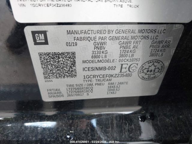 1GCRYCEF0KZ235480 Chevrolet Silverado 1500 Custom Trail Boss