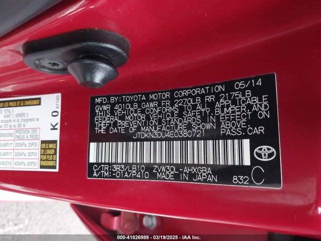 JTDKN3DU4E0380721 Toyota Prius Five