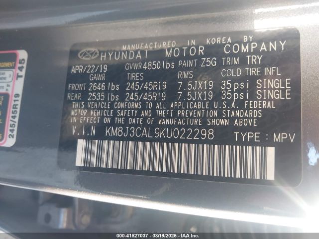 KM8J3CAL9KU022298 Hyundai Tucson Sport