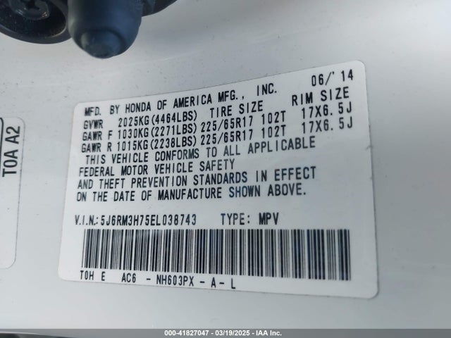 5J6RM3H75EL038743 Honda Cr-v Ex-l