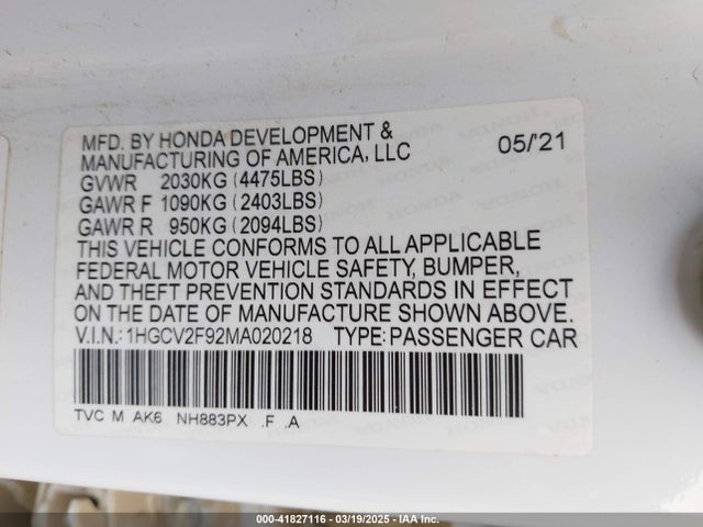 1HGCV2F92MA020218 Honda Accord Touring