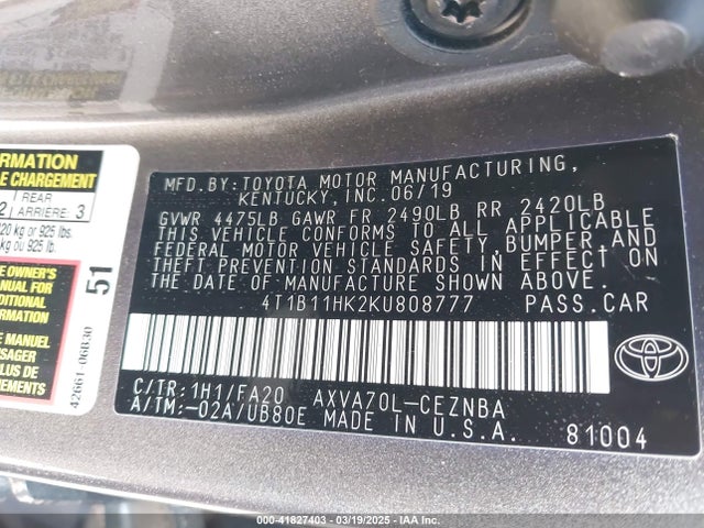 4T1B11HK2KU808777 Toyota CAMRY LE