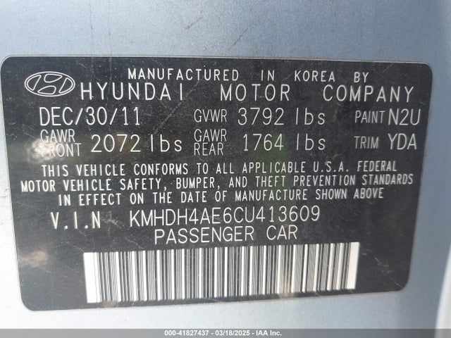 Aukcja sprzedaży 2012 Hyundai Elantra Gls (ulsan Plant), vin: KMHDH4AE6CU413609, numer aukcji: 41827437