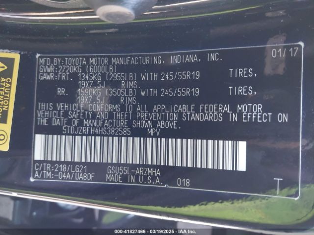 5TDJZRFH4HS382585 Toyota Highlander Se