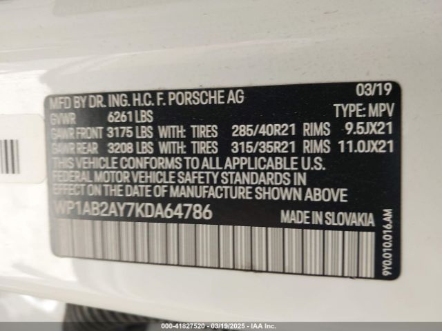 WP1AB2AY7KDA64786 Porsche CAYENNE S