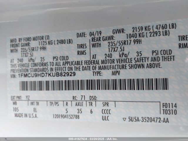 1FMCU9HD7KUB82929 Ford ESCAPE SEL