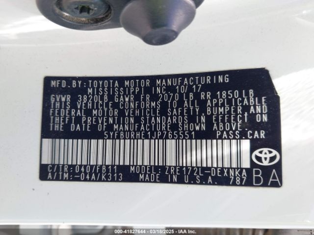 5YFBURHE1JP765551 Toyota COROLLA LE